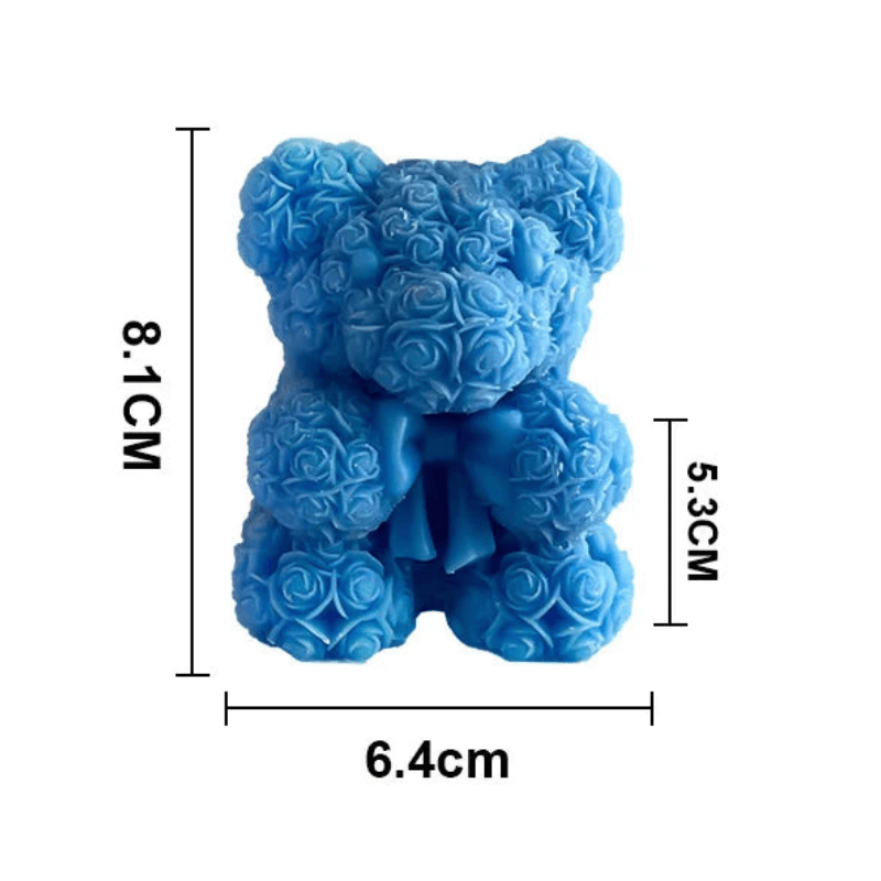 Bougie aromathérapie ours en peluche rose bleue, dimensions 8.1cm x 6.4cm x 5.3cm, fabriquée à la main en cire de soja respectueuse de l'environnement.