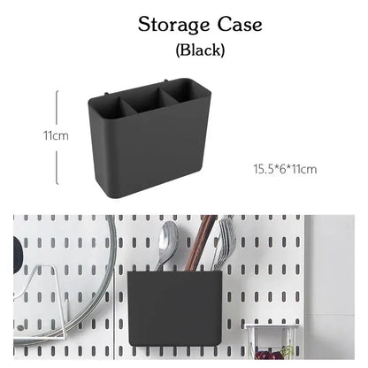 Black storage case for wall panel, 15.5x6x11cm, organizing kitchen tools and utensils.