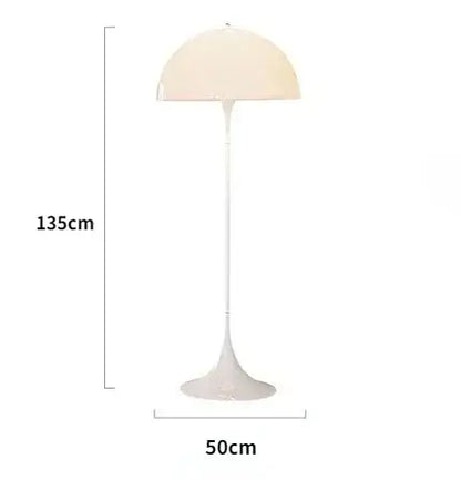 Minimaliste LED lampadaire champignon blanc avec dimensions 135cm hauteur et 50cm largeur, idéal pour chambre ou bureau.