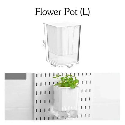 Wall-mounted white plastic flower pot with plant for kitchen organization, large size dimensions 14cm x 9cm x 9cm