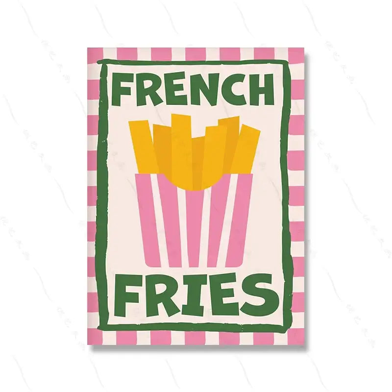 Illustration of French fries in a pink striped container with text "French Fries" on a pink and white checkered background.