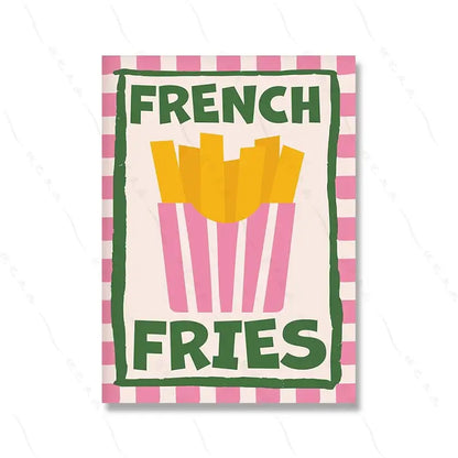 Illustration of French fries in a pink striped container with text "French Fries" on a pink and white checkered background.