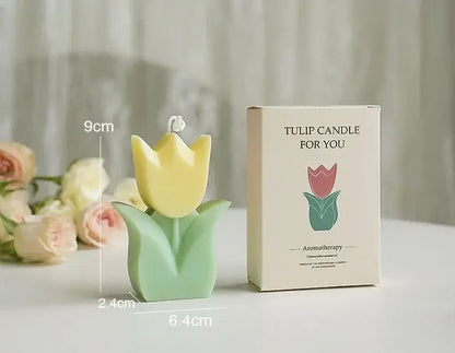 Bougie parfumée en forme de tulipe en cire de soja, dimensions 6.4 x 2.4 x 9 cm, avec packaging, décoration florale pour maison