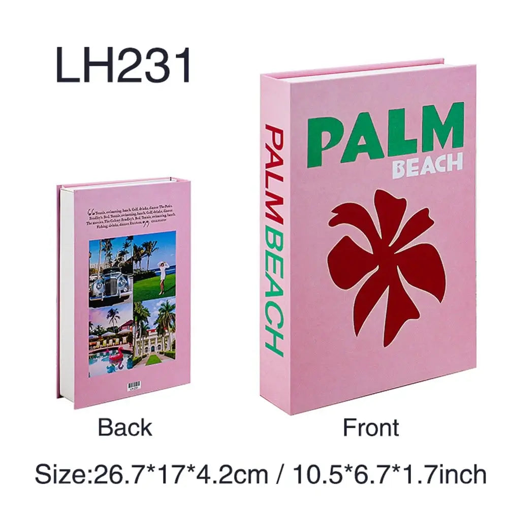 Decorative faux book with "Palm Beach" cover in pink and green, back view showing coastal images, size 26.7*17*4.2cm / 10.5*6.7*1.7inch