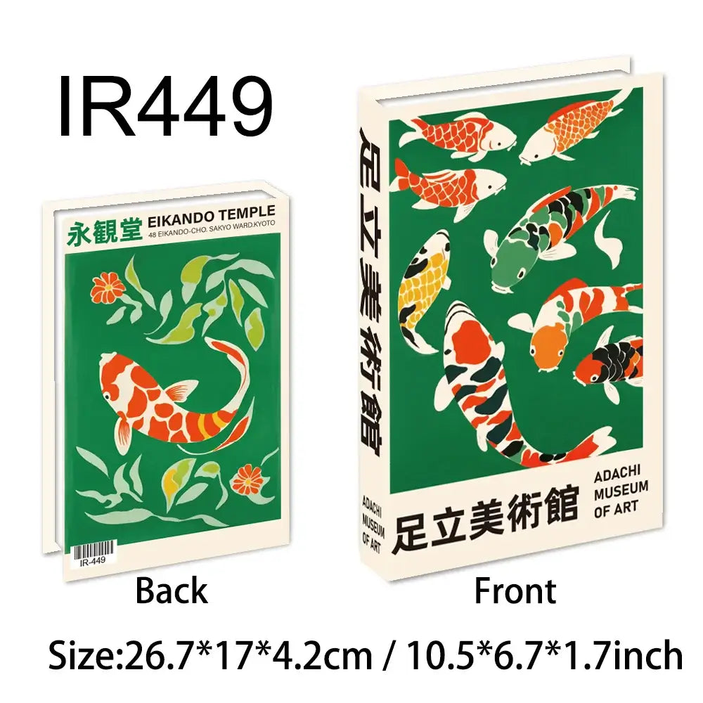 Faux decorative books with koi fish design, size 26.7x17x4.2 cm for bohemian chic decor.