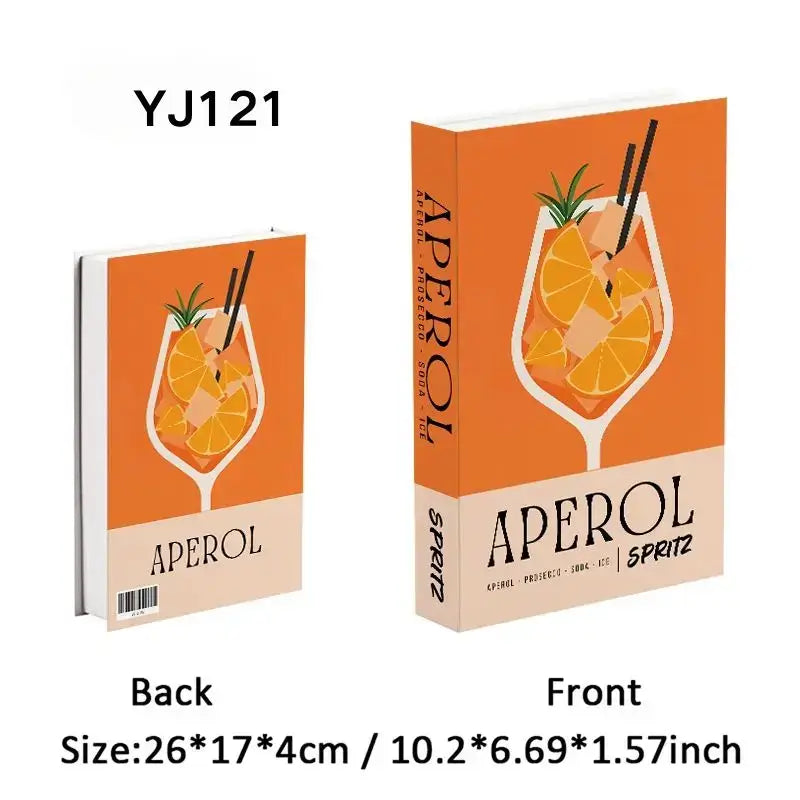 Decorative faux books with Aperol Spritz design, perfect for modern aesthetic home decor. Size 26 x 17 x 4 cm front and back view.