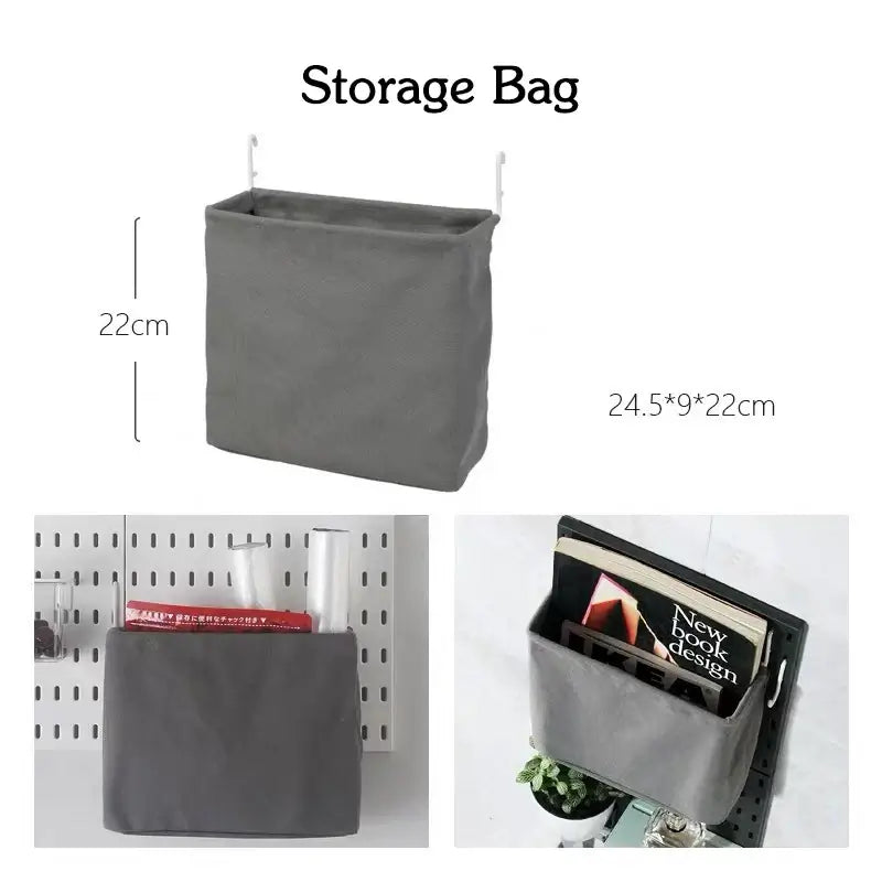 Hanging storage bag, grey, 24.5x9x22cm, shown with books and kitchen supplies on wall-mounted systems.