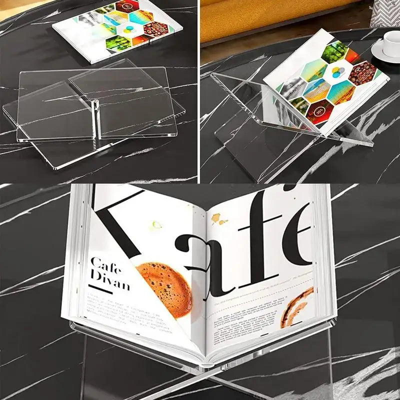 Transparent acrylic book stand displaying a modern magazine on a sleek black surface, ideal for contemporary home décor.