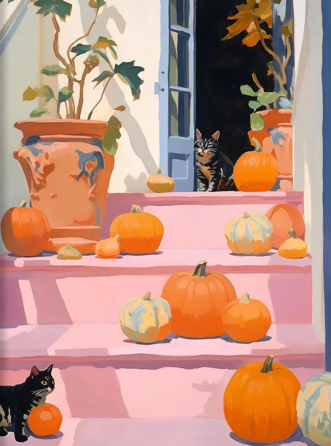 Retro Halloween decor with pumpkins and cats on colorful steps, creating a whimsical and nostalgic autumn scene.