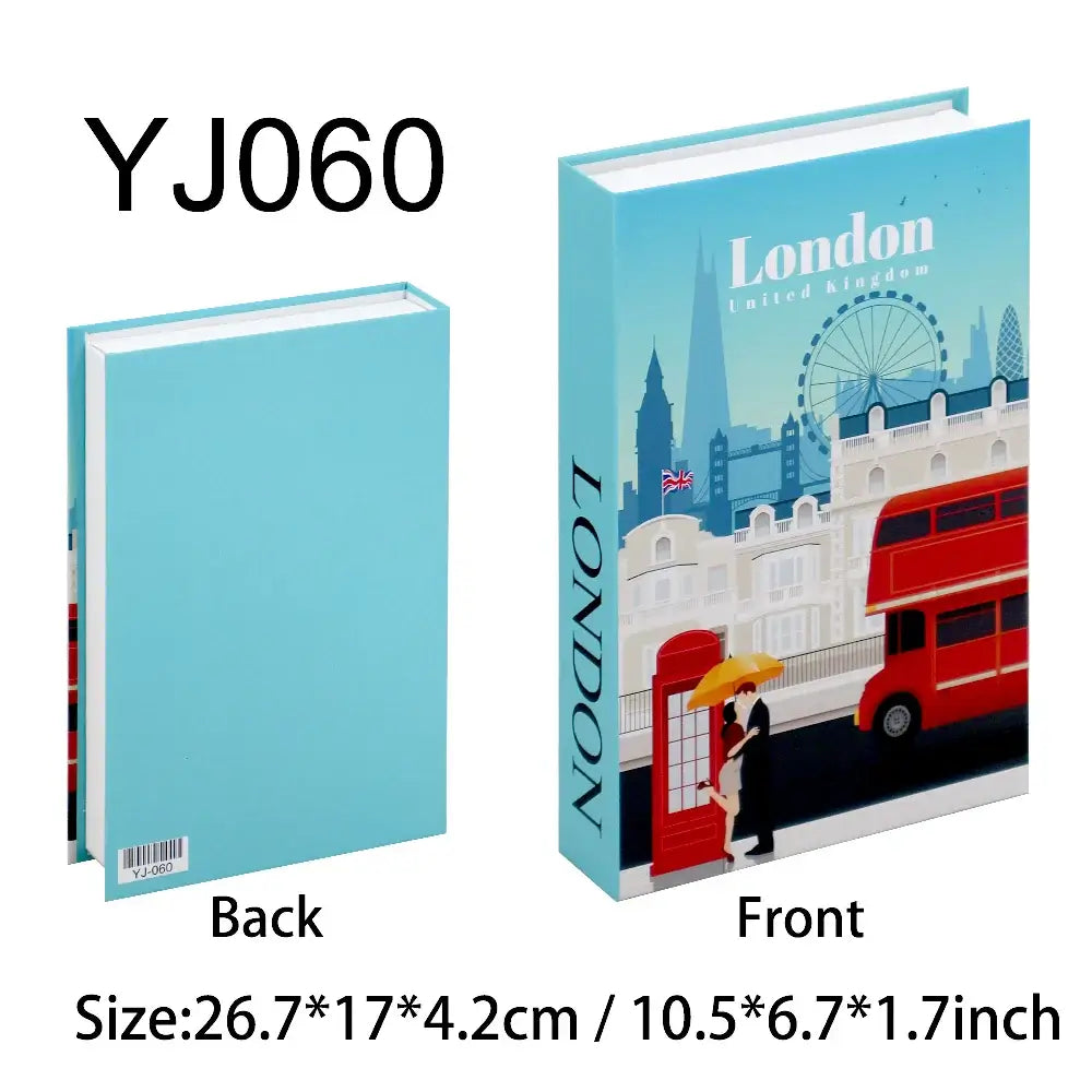 Decorative faux book with London theme, featuring red bus and ferris wheel, size 26.7x17x4.2cm, front and back view.