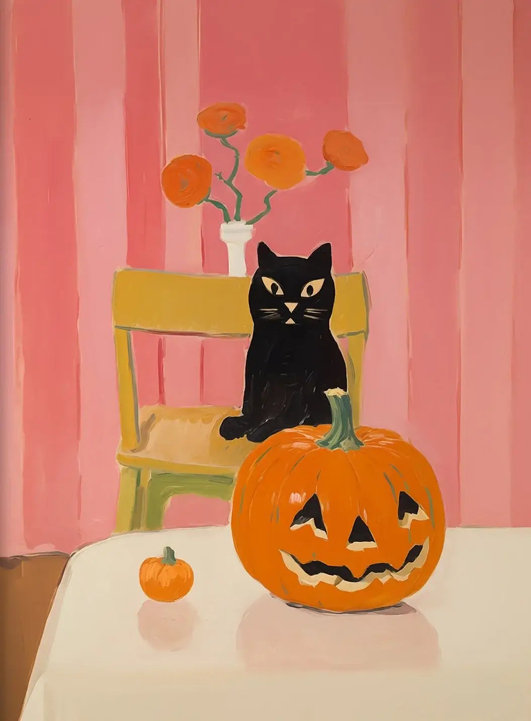 Retro Halloween decor with black cat on chair and Jack-o'-lantern, pink striped background, evoking vintage nostalgia.