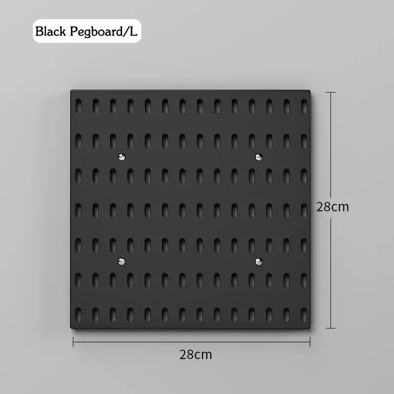 Large black pegboard for wall storage, 28cm by 28cm, perfect for organizing spaces without drilling.