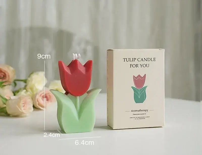 Bougie parfumée en forme de tulipe en cire de soja, mesurant 6.4 x 2.4 x 9 cm, avec boîte cadeau, idéale pour la décoration et les souvenirs.