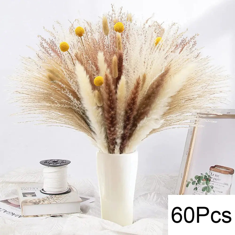 Dried Natural Pampas Bouquet in a White Vase with Yellow Accents - 60 Pieces, Elegant Décor for Home and Festive Occasions