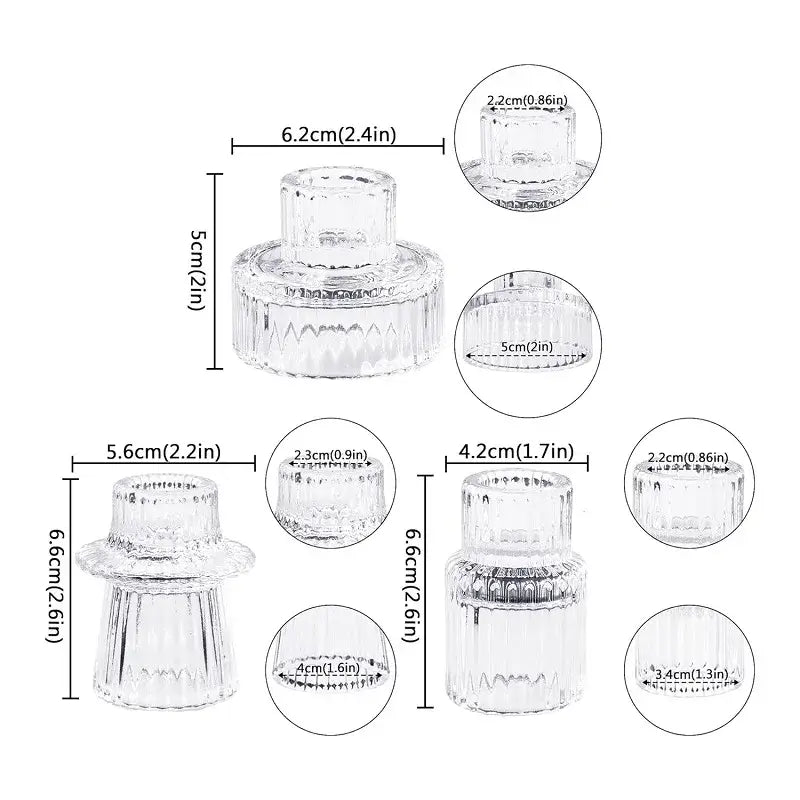 Ensemble de 3 bougeoirs en verre élégants avec dimensions détaillées pour une décoration romantique et sophistiquée