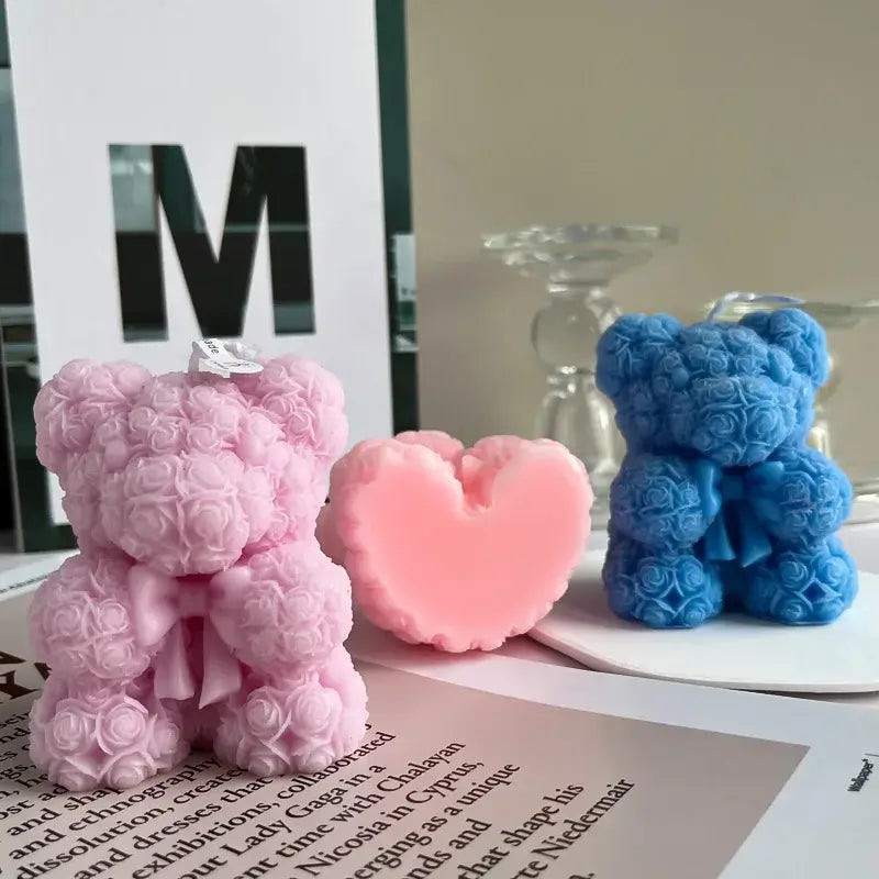 Bougies aromathérapie en forme d'ours en peluche et coeur, en cire de soja, roses et bleues, décoration et cadeau original.