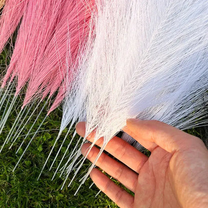 Hand holding tiges de pampas multicolores, featuring pink and white pampas grass for elegant decoration