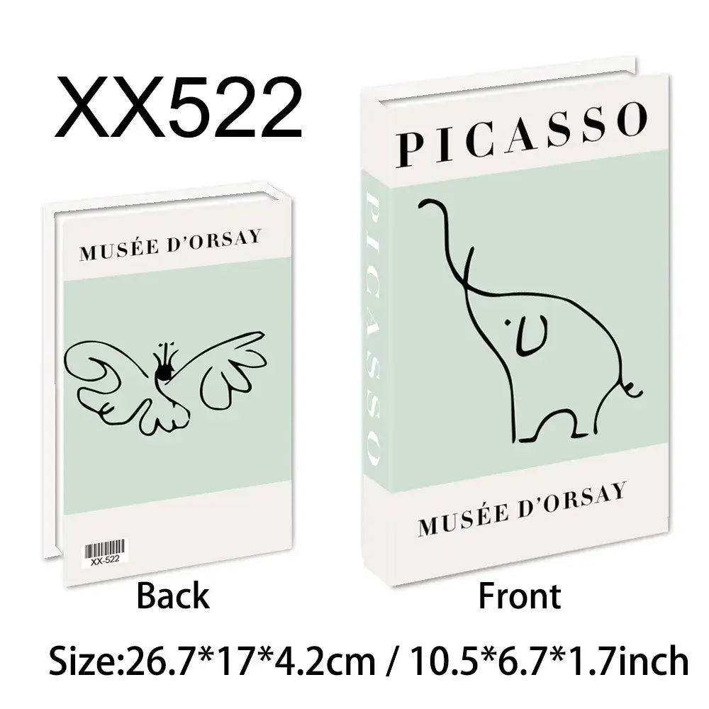 Decorative faux books with Picasso art and Musée d'Orsay branding, pastel green cover, perfect for modern home decor, size 26.7x17x4.2 cm.