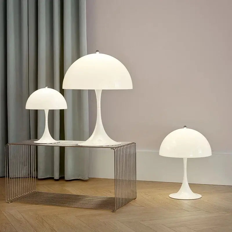 Minimalist LED mushroom floor lamp in modern room setting with adjustable brightness for bedroom or office.