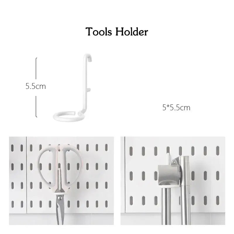 Porte-outils mural en plastique blanc avec ciseaux et ustensiles de cuisine accroché, dim: 5x5.5 cm et 5.5 cm de hauteur