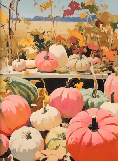 colorful pumpkins on a wooden table in a rustic autumn setting with vibrant leaves