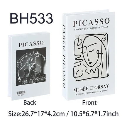 Decorative fake books with modern art design, featuring Picasso covers, perfect for home decor and photo props, size 26.7x17x4.2 cm.