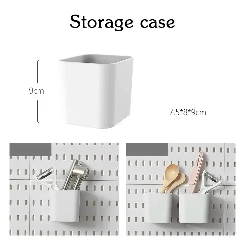 Wall-mounted storage case for kitchen utensils, white plastic container, 7.5x8x9cm, no-drill installation on panel.