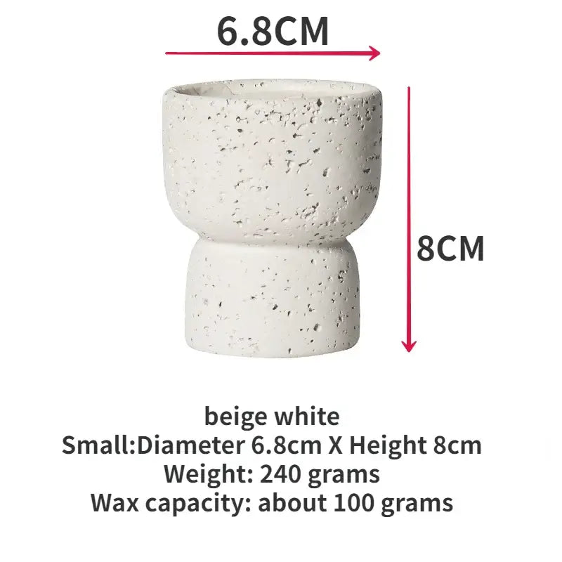 Minimalist beige white cement candle holder dimensions 6.8cm diameter and 8cm height, weight 240 grams, wax capacity 100 grams