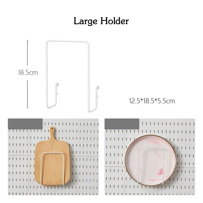 Large wall-mounted holder for kitchen accessories shown with cutting board and plate, dimensions 18.5cm and 12.5*18.5*5.5cm.