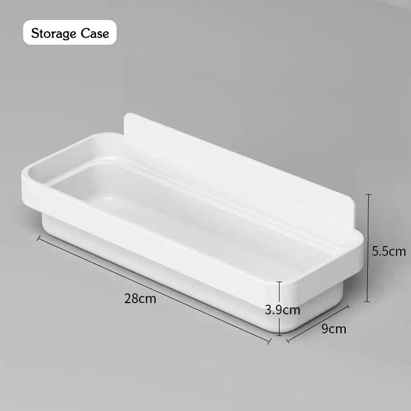 White plastic storage case with dimensions of 28cm by 9cm and a height of 5.5cm.