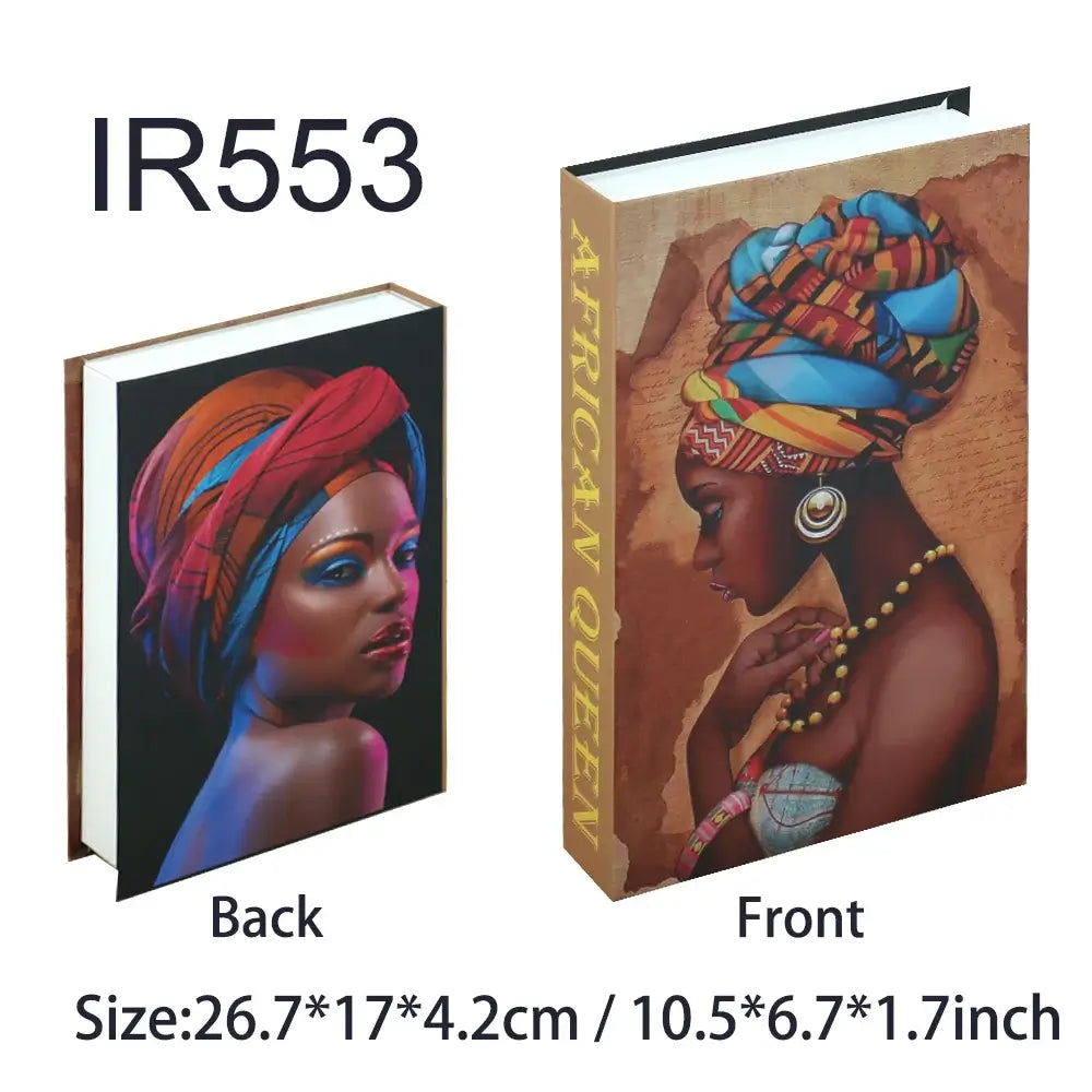 Decorative faux book with modern art showing African Queen, perfect for home décor and photography, size 26.7x17x4.2 cm.