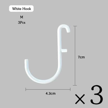 Set of 3 white S-hooks for hanging, M size, 7cm height, 4.3cm width, organizational accessory for wall-mounted storage systems.