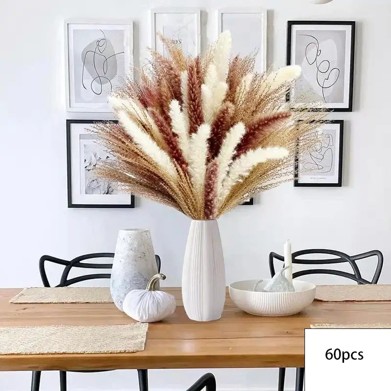 Elegant dried pampas flower bouquet in white vase on dining table, with modern decor and 60 pieces marked.