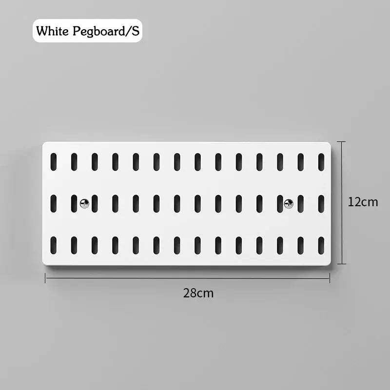 White pegboard S size for wall-mounted storage, dimensions 28cm by 12cm, ideal for kitchen organization.