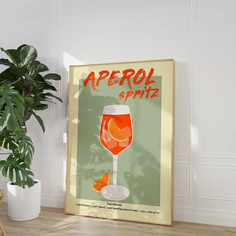 Tableau artistique rétro représentant un Aperol Spritz, parfait pour une décoration contemporaine et élégante. Impression sur toile de coton.