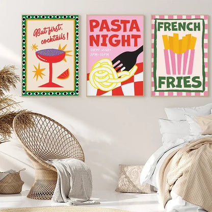 Stylish living room with "But first, cocktails!", "Pasta Night", and "French Fries" artistic posters on the wall