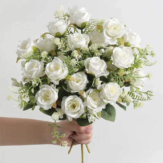 Artificial white silk rose bouquet for weddings and home decor, featuring realistic and durable high-quality silk flowers and greenery