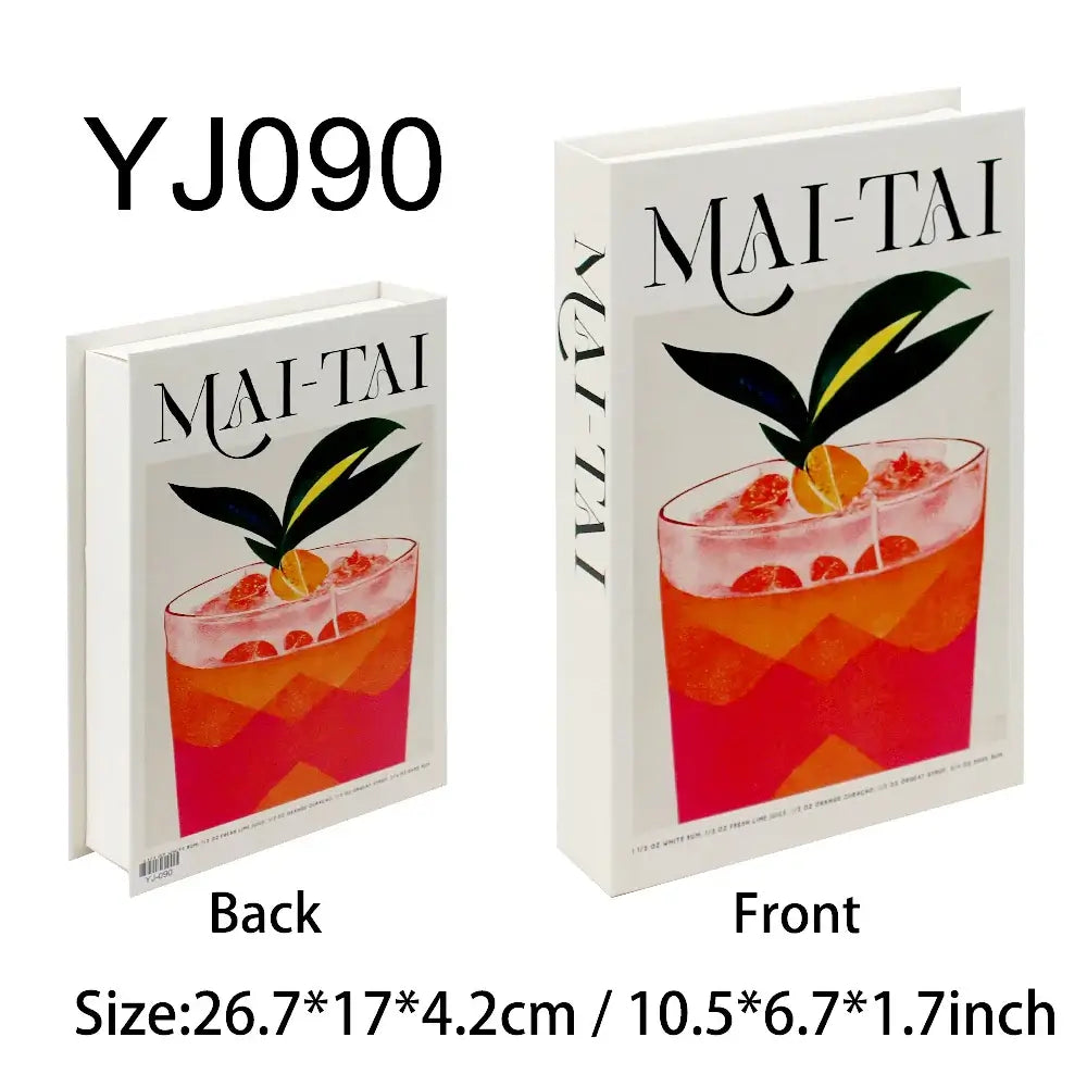 Decorative faux book set with Mai-Tai cocktail design, boho chic style, size 26.7*17*4.2 cm. Suitable for home decor and photography props.