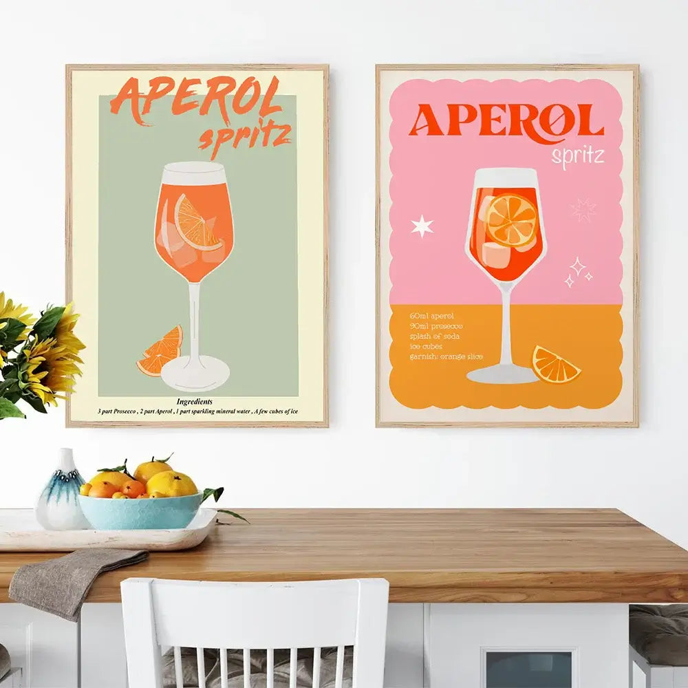 Tableau artistique rétro coloré Aperol Spritz sur toile, décoration moderne pour intérieur, image de boisson avec affiches abstraites.