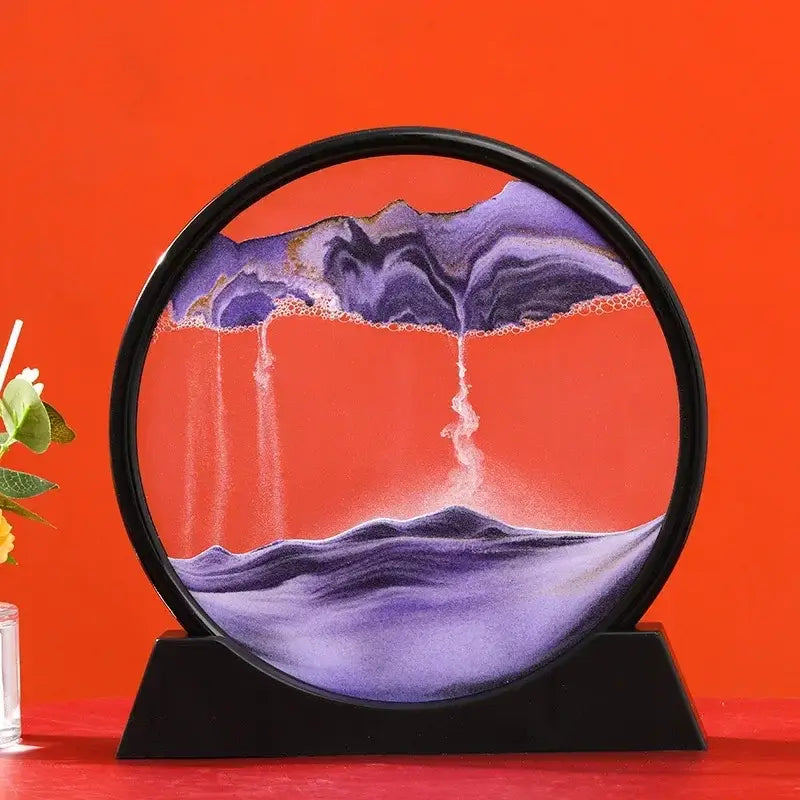 Sablier décoratif circulaire en verre avec sable violet sur fond rouge, ajoutez une touche d'élégance et de nostalgie à votre décoration.