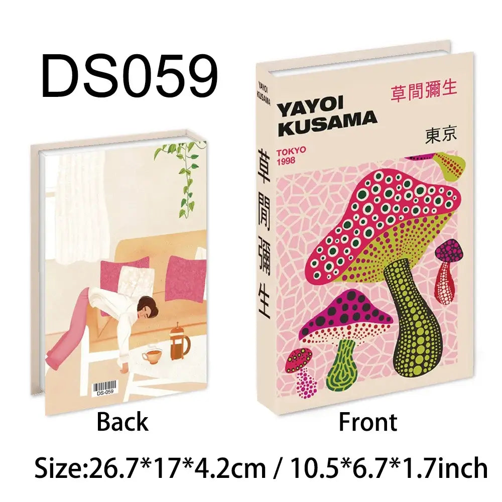 Decorative faux book with mushroom design on front cover and person reading on the back, size 26.7x17x4.2cm