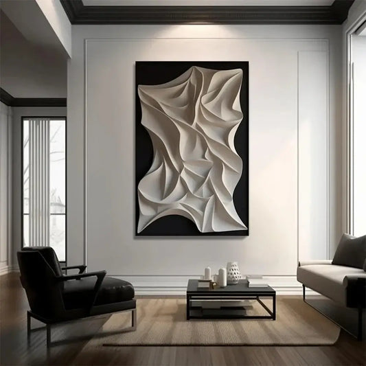 Tableau artistique abstrait 3D en noir et blanc accroché dans un salon moderne lumineux.