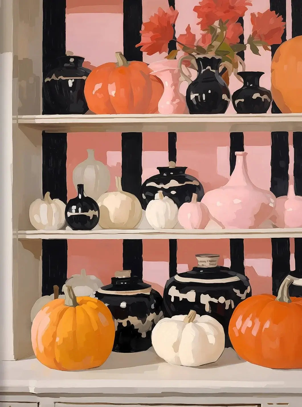 Retro Halloween decor with pumpkins and black ceramics on shelves, vintage style canvas art.