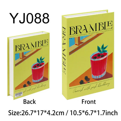 Decorative faux book set with colorful cover featuring a red drink, labeled "Bramble", dimensions indicated, perfect for chic decor