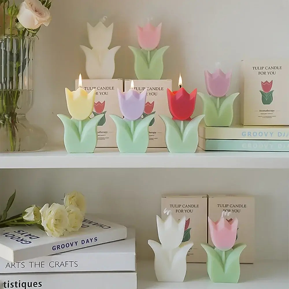 Colorful tulip-shaped scented candles made from soy wax placed on shelves, ideal for home decor or special events.