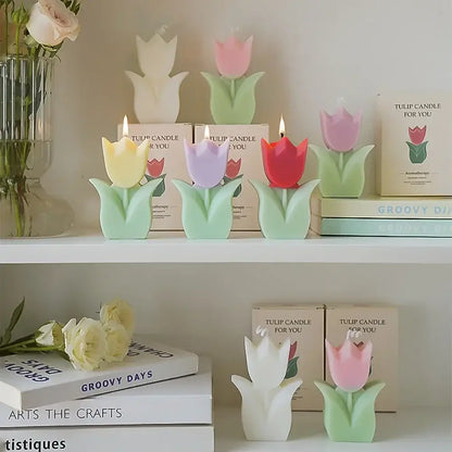 Colorful tulip-shaped scented candles made from soy wax placed on shelves, ideal for home decor or special events.