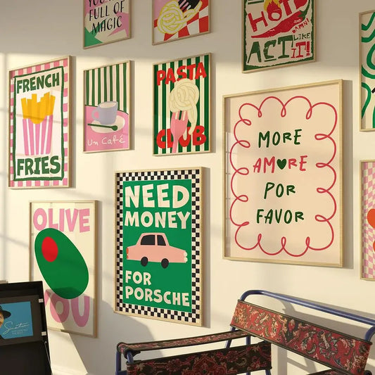 Colorful gallery wall with retro-themed framed art prints featuring phrases and illustrations like "More Amore Por Favor" and "Need Money for Porsche"