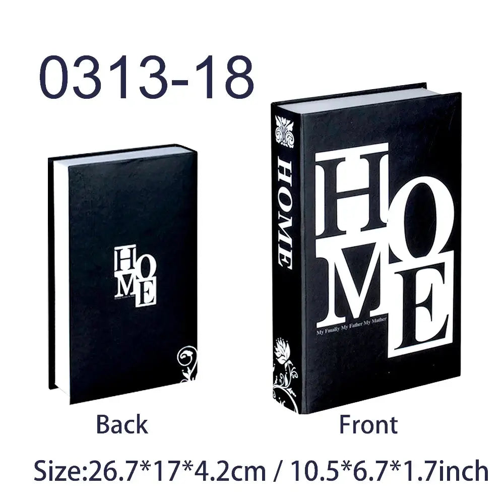 Decorative fake books with black covers, featuring "HOME" text and floral designs, measuring 26.7x17x4.2cm.