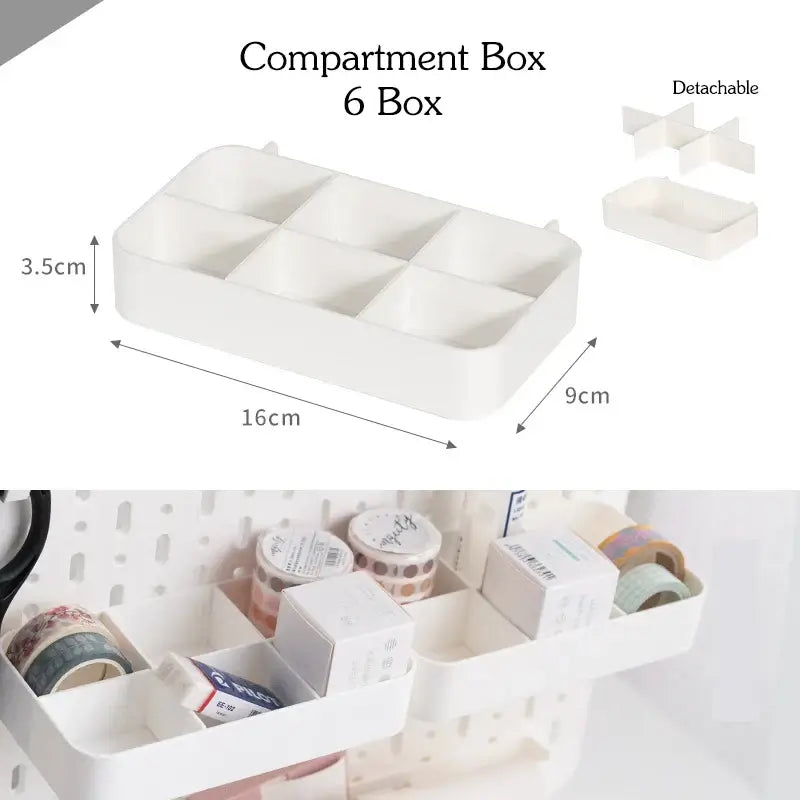 Compartment box with 6 detachable sections, ideal for organizing kitchen spaces; easy installation and eco-friendly plastic material