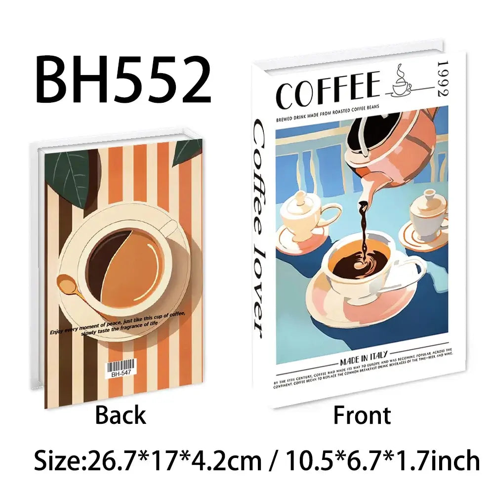 Decorative faux book with coffee lover theme, dimensions 26.7*17*4.2cm, perfect for modern decorative storage in living rooms or bedrooms.